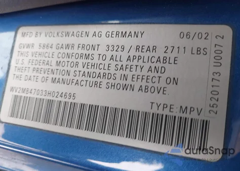 2003 Volkswagen Eurovan Mv from USA, damaged, VIN WV2MB47033H024695